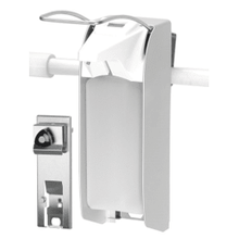 The Dr. Schnell pipe holder for Euro bottles from DR.SCHNELL GmbH & Co. KGaA is a wall accessory made of metal and plastic for dispensers, here mounted on a horizontal rail with a close-up of the holder in the lower left corner.