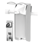 The Dr. Schnell pipe holder for Euro bottles from DR.SCHNELL GmbH & Co. KGaA is a wall accessory made of metal and plastic for dispensers, here mounted on a horizontal rail with a close-up of the holder in the lower left corner.