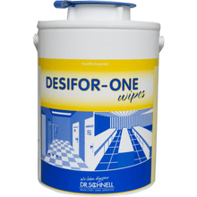 A container with Dr. Schnell DESIFOR-ONE WIPES bucket with lid (1 piece) from DR.SCHNELL GmbH & Co. KGaA, suitable for non-woven cloths and ideal for rapid disinfection in medical facilities.