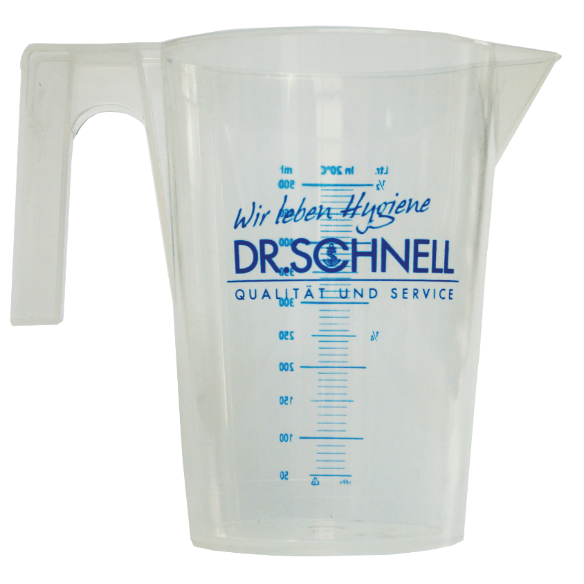 The Dr. Schnell DR.SCHNELL measuring cup from DR.SCHNELL GmbH & Co. KGaA features a handle, spout, blue ml marking, and logo - ideal as a dosing aid for accurate measurement of cleaning agents.