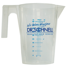 The Dr. Schnell DR.SCHNELL measuring cup from DR.SCHNELL GmbH & Co. KGaA features a handle, spout, blue ml marking, and logo - ideal as a dosing aid for accurate measurement of cleaning agents.