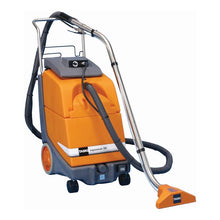 The TASKI aquamat 20 from Diversey Deutschland GmbH & Co. OHG is a spray extraction machine for deep cleaning, ideal for medium-sized areas, with handle, wheels, and metal suction tube with an orange cleaning head. Package: 1 piece.
