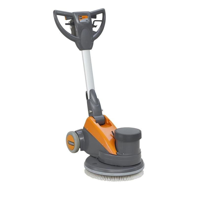 The TASKI ergodisc 200 from Diversey Deutschland GmbH & Co. OHG, an affordable low-speed (200 rpm) scrubber-dryer for all standard cleaning tasks, is depicted in gray and orange with controls and wheels on a white background.