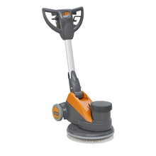 The TASKI ergodisc 200 from Diversey Deutschland GmbH & Co. OHG, an affordable low-speed (200 rpm) scrubber-dryer for all standard cleaning tasks, is depicted in gray and orange with controls and wheels on a white background.