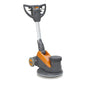 The TASKI ergodisc 200 from Diversey Deutschland GmbH & Co. OHG, an affordable low-speed (200 rpm) scrubber-dryer for all standard cleaning tasks, is depicted in gray and orange with controls and wheels on a white background.