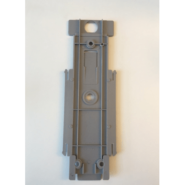 A rectangular gray plastic DR.SCHNELL GmbH & Co. KGaA back panel for dispenser Euro bottle, with raised edges, circular holes and indented lines, is depicted on a solid white background.