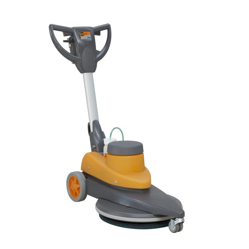 The TASKI ergodisc 1200 from Diversey Deutschland GmbH & Co. OHG is an ultra-fast single-disc machine (1,200 rpm) for spray polishing and polishing with a gray/orange housing, rear wheels, circular pad, and handle with an electric spray device.