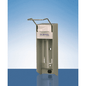 The Dr. Schnell manual dispenser, Euro bottle from DR.SCHNELL GmbH & Co. KGaA is a wall-mounted dispenser for soap or disinfectant with an upper lever and "Dr. Schnell" lettering, depicted on a blue gradient background with a reflective surface below.