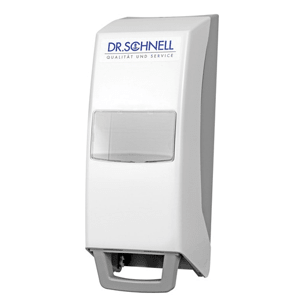 The Dr. Schnell V10 manual dispenser for industry is a white wall dispenser by DR.SCHNELL GmbH & Co. KGaA with a transparent viewing window and gray push lever, ideal for soap or disinfectant, with blue lettering on the top.