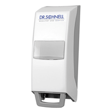 The Dr. Schnell V10 manual dispenser for industry is a white wall dispenser by DR.SCHNELL GmbH & Co. KGaA with a transparent viewing window and gray push lever, ideal for soap or disinfectant, with blue lettering on the top.