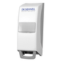 The Dr. Schnell V10 manual dispenser for industry is a white wall dispenser by DR.SCHNELL GmbH & Co. KGaA with a transparent viewing window and gray push lever, ideal for soap or disinfectant, with blue lettering on the top.