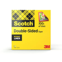 The yellow box of Scotch® double-sided tape, 1 roll, 19 mm x 33 m by 3M Deutschland GmbH is checkered, featuring "100s of Uses" and a stamp image. Ideal for crafting needs, the tape is linerless.