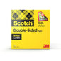 The yellow box of Scotch® double-sided tape, 1 roll, 19 mm x 33 m by 3M Deutschland GmbH is checkered, featuring "100s of Uses" and a stamp image. Ideal for crafting needs, the tape is linerless.