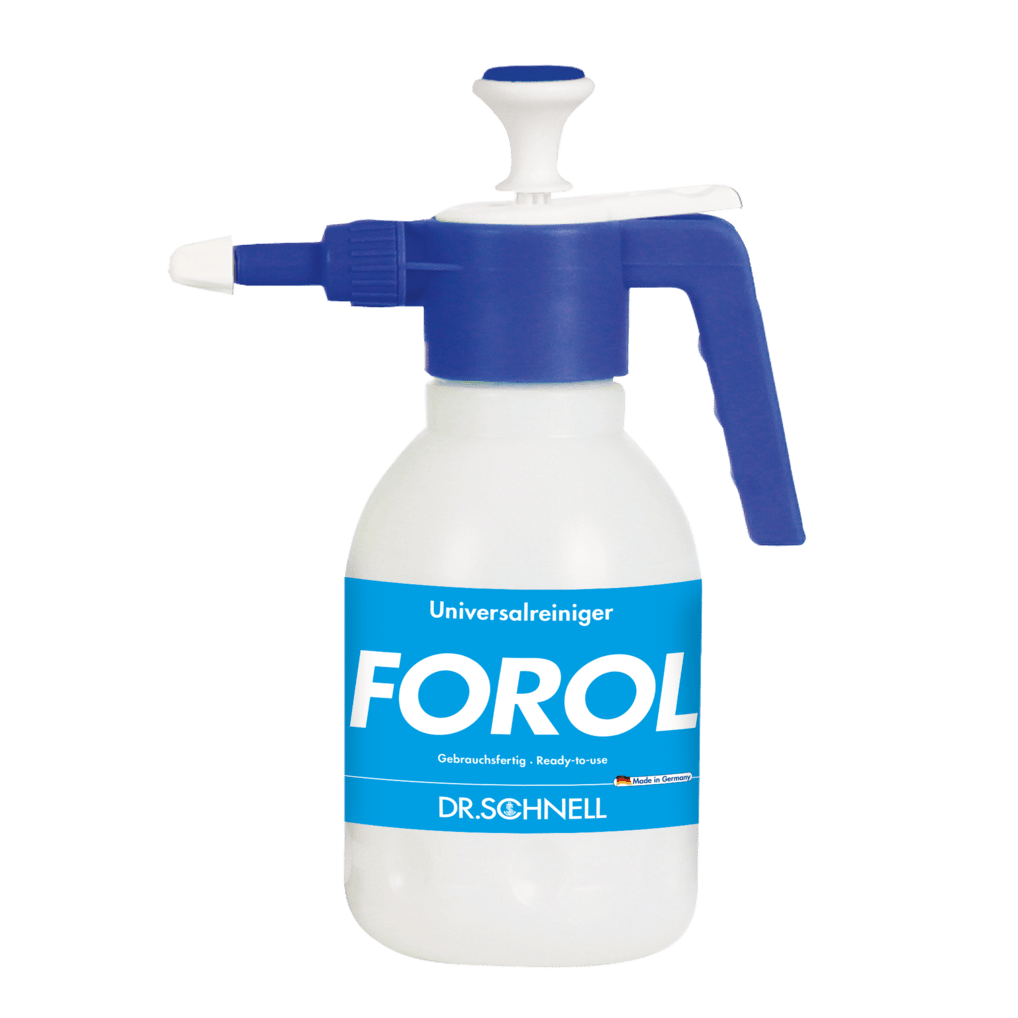 The DR.SCHNELL sprayer 1.5 liters, empty dosing aids from DR.SCHNELL GmbH & Co. KGaA is a white plastic sprayer with a blue handle and nozzle, ideal for precise cleaning tasks.