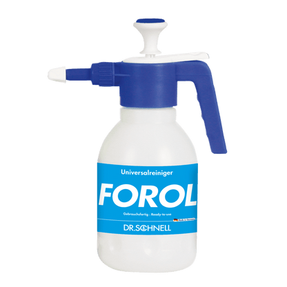 The DR.SCHNELL sprayer 1.5 liters, empty dosing aids from DR.SCHNELL GmbH & Co. KGaA is a white plastic sprayer with a blue handle and nozzle, ideal for precise cleaning tasks.