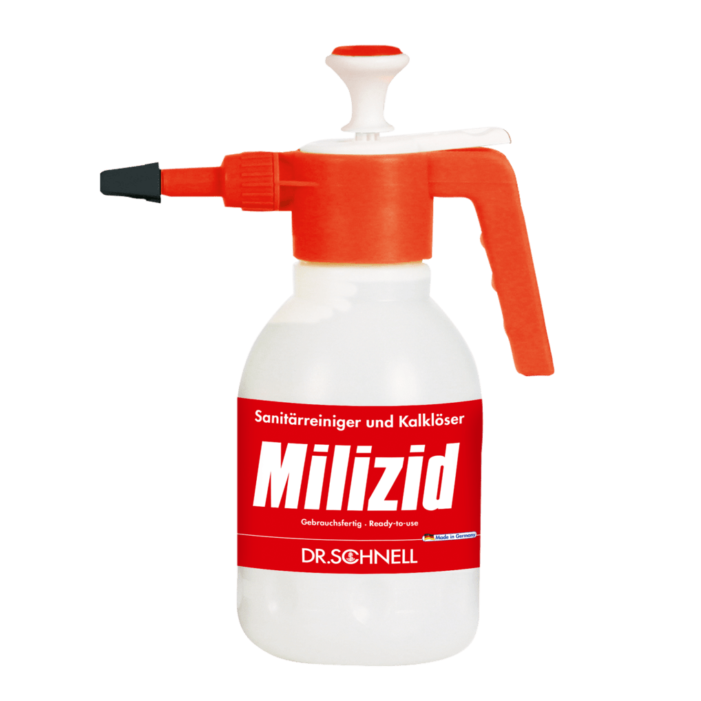 A white plastic Dr. Schnell sprayer 1.5 liters from DR.SCHNELL GmbH & Co. KGaA with a red handle and spout stands upright against a plain white background.