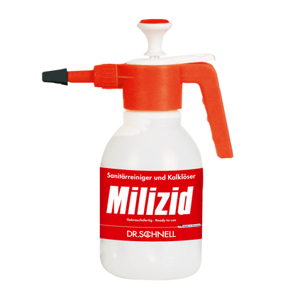 A white plastic Dr. Schnell sprayer 1.5 liters from DR.SCHNELL GmbH & Co. KGaA with a red handle and spout stands upright against a plain white background.