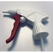 A close-up of the Dr. Schnell spray head RED/WHITE with foam nozzle (1 piece) from DR.SCHNELL GmbH & Co. KGaA - an accessory for hand sprayers with stepless rotary control, lying on a light background.