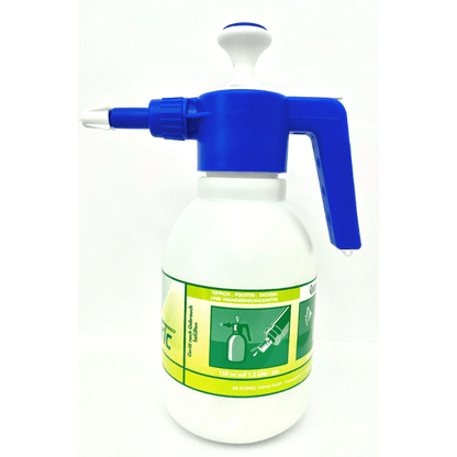 The Dr. Schnell sprayer 1.5 liters from DR.SCHNELL GmbH & Co. KGaA is a white plastic spray bottle with a blue handle and nozzle, as well as a green-yellow label. Ideal as a cleaning sprayer, depicted on a plain white background.