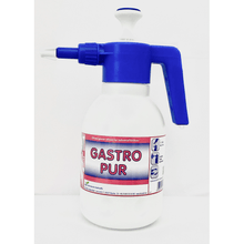 A white DR.SCHNELL GmbH & Co. KGaA sprayer (1.5 L, empty dosing aids) with the inscription "GASTRO PUR" with a blue handle and nozzle, for oil and grease removal in large kitchens, with clear instructions and practical dosing aid.