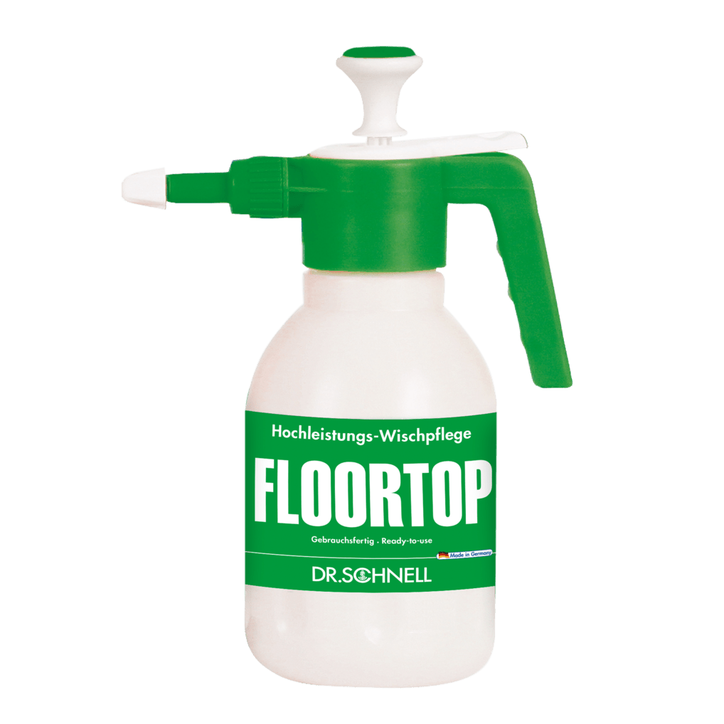 A white plastic spray bottle Dr. Schnell sprayer 1.5 liters from DR.SCHNELL GmbH & Co. KGaA, with a green pump and nozzle, with the inscription "FLOORTOP" in large letters and "DR. SCHNELL" in German script at the bottom.