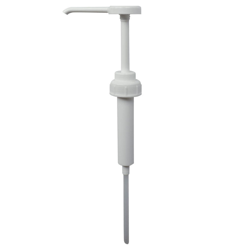 The Dr. Schnell dispenser, dosing aid dispenser from DR.SCHNELL GmbH & Co. KGaA, is a white plastic pump with a long spout and dip tube for dosing liquids like soap or syrup. Ideal for dosing cleaning agents. Simple, light background.