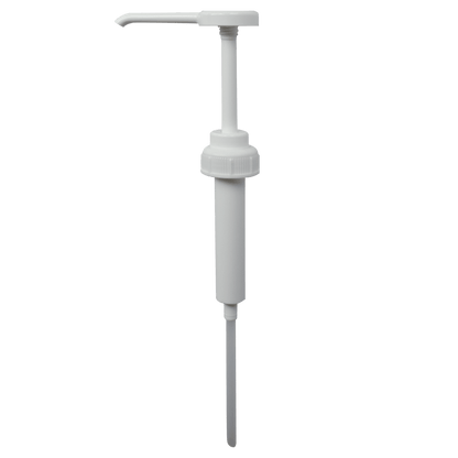 The Dr. Schnell dispenser, dosing aid dispenser from DR.SCHNELL GmbH & Co. KGaA, is a white plastic pump with a long spout and dip tube for dosing liquids like soap or syrup. Ideal for dosing cleaning agents. Simple, light background.