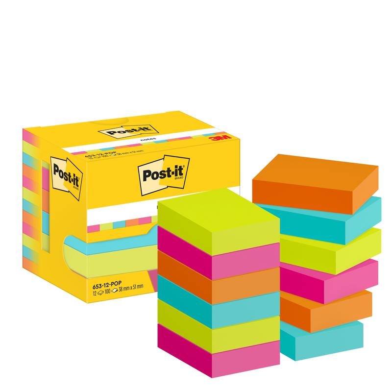 A yellow box of Post-it® Notes (3M Deutschland GmbH, Poptimistic Collection, 38 x 51 mm, 100 sheets/block, 12 blocks/package) stands next to stacks of square sticky notes in bright yellow, pink, blue, orange, and green.