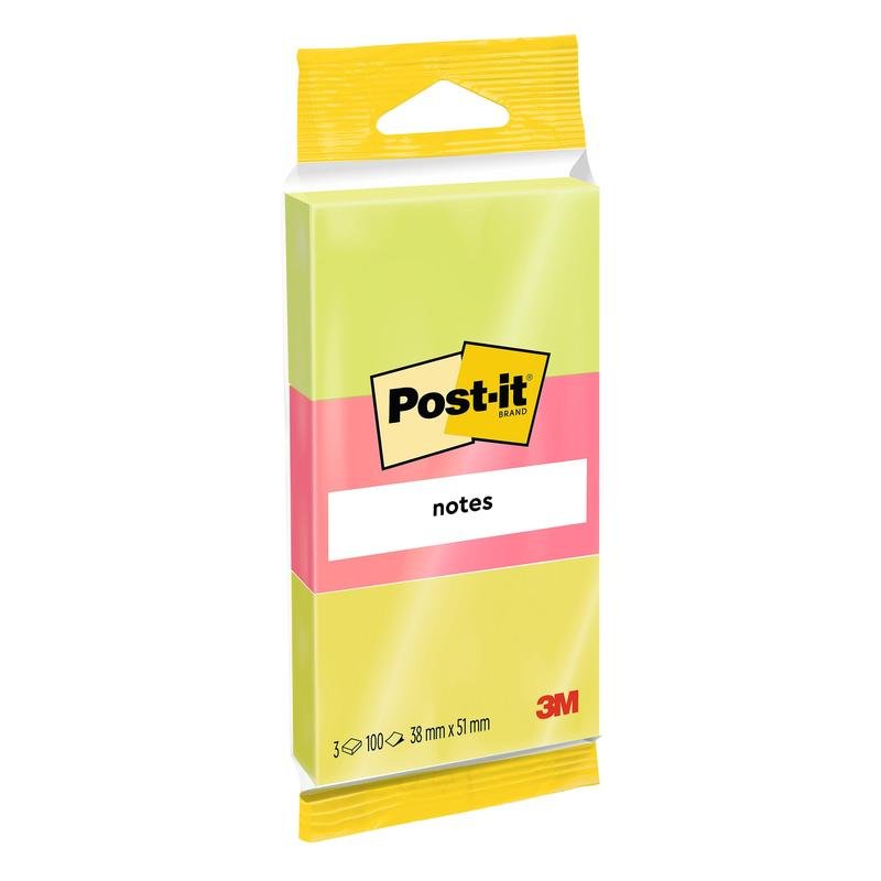 A pack of 3M Deutschland GmbH Post-it® Notes in various neon colors, 38 x 51 mm, 100 sheets per pad, 3 pads per pack, PEFC certified (SGSCH-PEFC-COC-110078), ideal for notes and reminders.