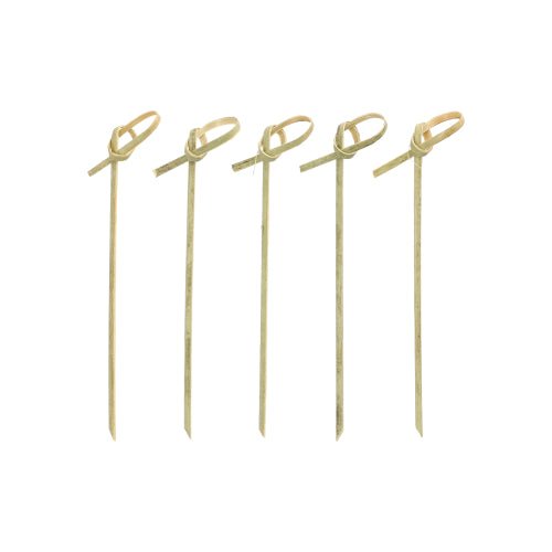 Five PAPSTAR 40 finger food picks "pure" from PAPSTAR GmbH, with knotted loops on the top, are arranged vertically in a row on a white surface.
