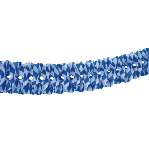 The PAPSTAR Large-scale garland, flame-retardant paper (Ø 16 cm · 10 m) of the PAPSTAR GmbH features a blue-and-white diamond pattern stretched horizontally across a white background. Ideal for decoration and made of flame-retardant paper for added safety.