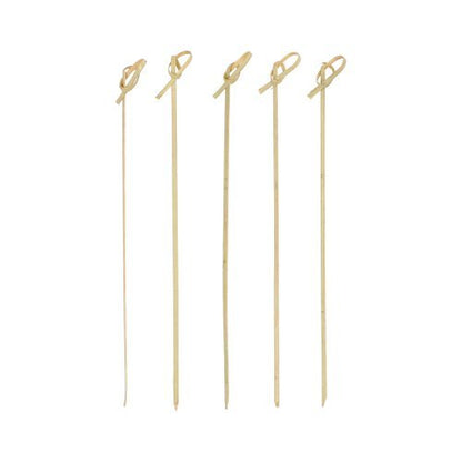 Five PAPSTAR 250 Fingerfood - Picker "pure" cocktail skewers made of bamboo from PAPSTAR GmbH, each with a knotted loop at the top, stand upright against a plain white background.
