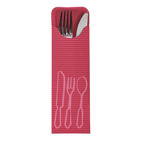 The PAPSTAR 100 cutlery bags (23.5 x 7.3 cm) of PAPSTAR GmbH feature a red bistro napkin with white cutlery contours and are delivered with metal fork and knife – ideal for catering.