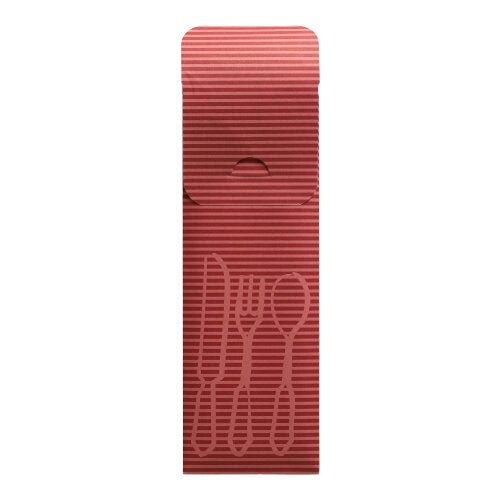 The PAPSTAR 100 cutlery bags (23.5 x 7.3 cm) of PAPSTAR GmbH are red, longitudinally ribbed paper cutlery bags with embossed forks, knives, and spoons, a lid flap, and a colorful bistro napkin – ideal for catering use.