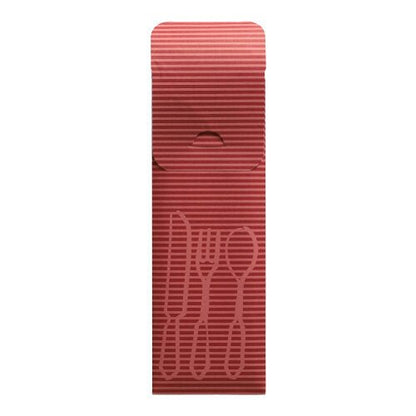 The PAPSTAR 100 cutlery bags (23.5 x 7.3 cm) of PAPSTAR GmbH are red, longitudinally ribbed paper cutlery bags with embossed forks, knives, and spoons, a lid flap, and a colorful bistro napkin – ideal for catering use.