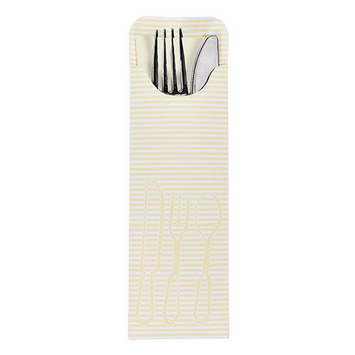 Pictured is a set of 100 cutlery bags (23.5 x 7.3 cm) from PAPSTAR GmbH with colorful bistro napkins, partially open, so that the cutlery inside is revealed – perfect for the catering sector.