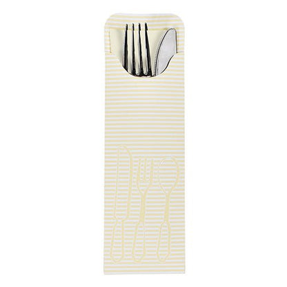 Pictured is a set of 100 cutlery bags (23.5 x 7.3 cm) from PAPSTAR GmbH with colorful bistro napkins, partially open, so that the cutlery inside is revealed – perfect for the catering sector.