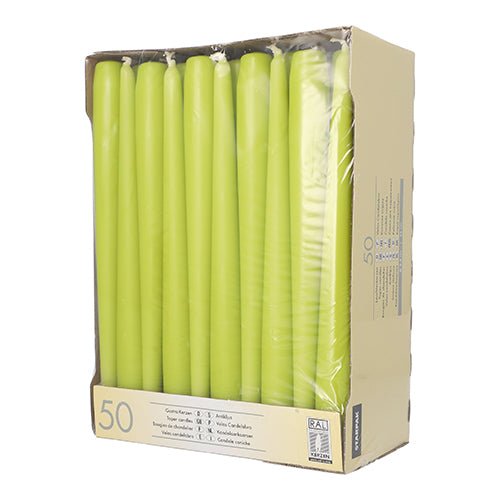 A cardboard box with 50 Starpak taper candles (Ø 2.2 cm - 25 cm), partially wrapped in clear plastic, is open at the front to present the tall white candles with long burn time.