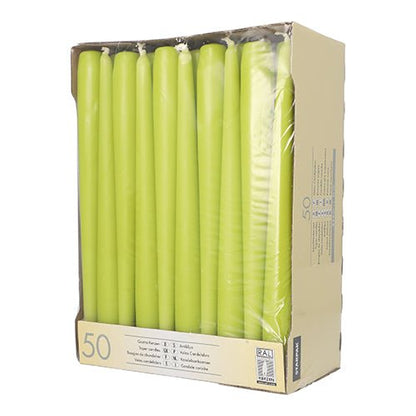 A cardboard box with 50 Starpak taper candles (Ø 2.2 cm - 25 cm), partially wrapped in clear plastic, is open at the front to present the tall white candles with long burn time.