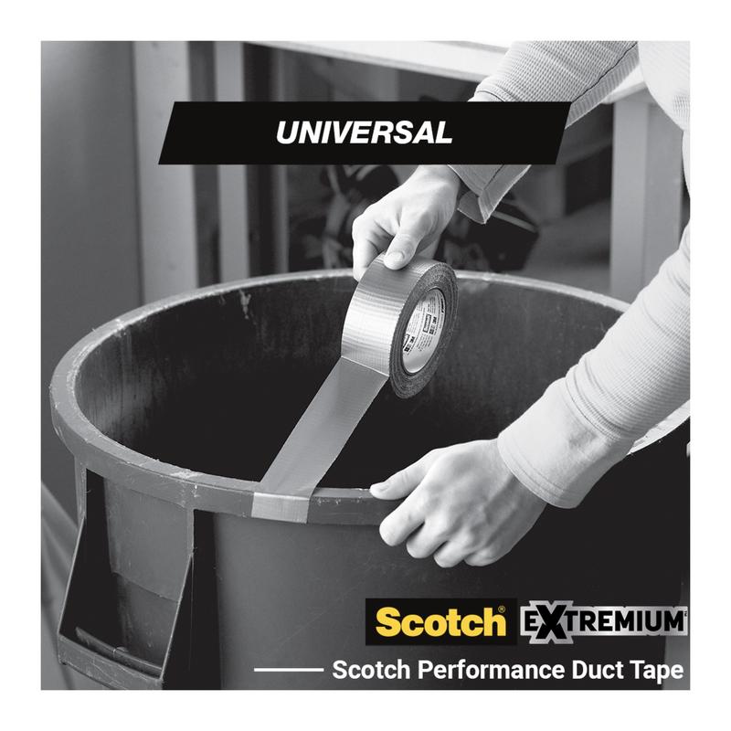 A person applies Scotch® Universal Tape 2904 (50 m x 48 mm) from 3M Deutschland GmbH to the edge of a large round plastic container. The image shows the "3M" logo and product branding.