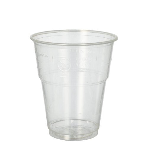A PAPSTAR 25 cold drink cup, PLA "pure" crystal clear with foam rim from PAPSTAR GmbH made of biodegradable plastic stands upright on a plain white background.