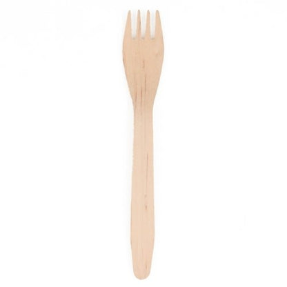 A single PAPSTAR wooden fork "pure" (16.5 cm, eco-friendly and sturdy) from PAPSTAR GmbH with four prongs is seen against a white background.