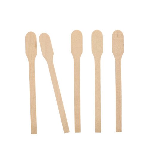 Five PAPSTAR stirring sticks wood "pure", 13 cm, environmentally friendly and stable, are arranged upright side by side against a white background. The sticks show rounded ends and flat edges.