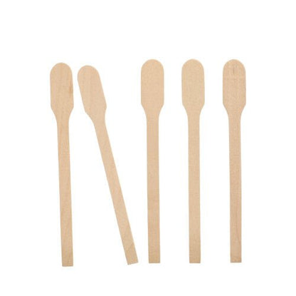 Five PAPSTAR stirring sticks wood "pure", 13 cm, environmentally friendly and stable, are arranged upright side by side against a white background. The sticks show rounded ends and flat edges.
