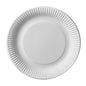 A 29 cm large PAPSTAR GmbH "29 50 Plate, cardboard 'pure' round - white" paper plate with a fluted edge is depicted empty on a white background, seen from above.