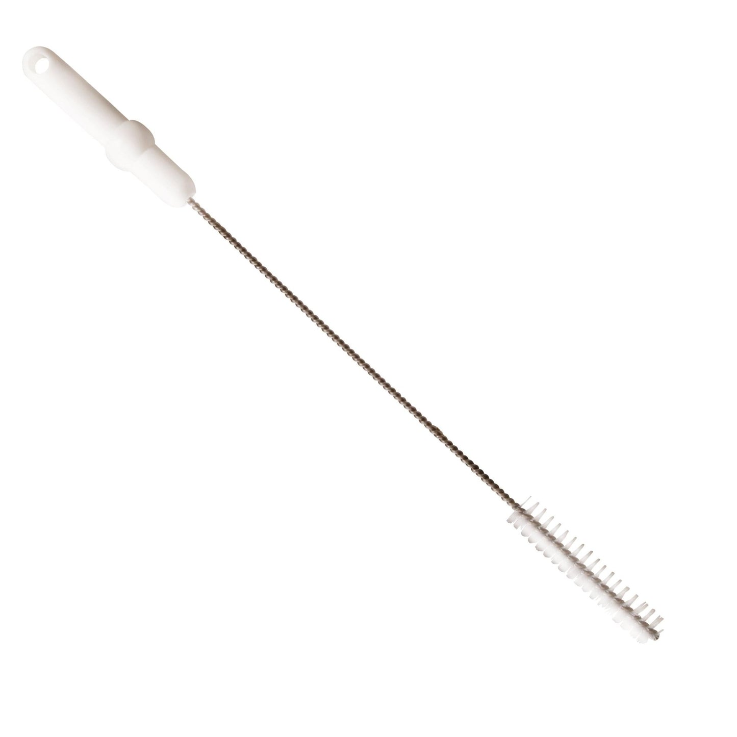 The Haug Bürsten KG pipe brush with V2A stainless steel wire, PP/PBT hard 500 x Ø20 mm in white is ideal for professional pipe cleaning. It features a long stainless steel handle with white bristles depicted on a plain background.