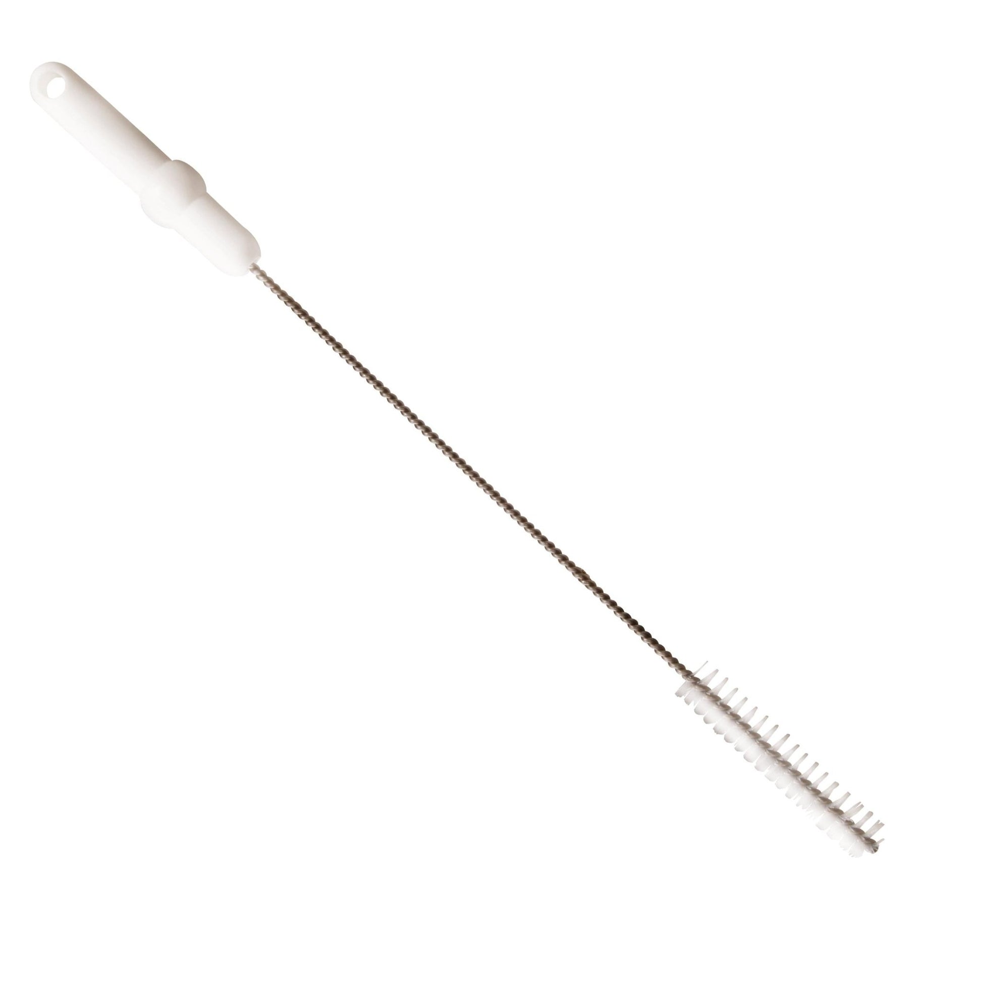 The Haug Bürsten KG pipe brush with V2A stainless steel wire, PP/PBT hard 500 x Ø20 mm in white is ideal for professional pipe cleaning. It features a long stainless steel handle with white bristles depicted on a plain background.