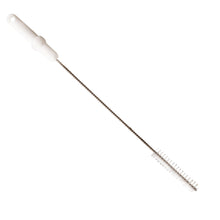 The Haug Bürsten KG pipe brush with V2A stainless steel wire, PP/PBT hard 500 x Ø20 mm in white is ideal for professional pipe cleaning. It features a long stainless steel handle with white bristles depicted on a plain background.