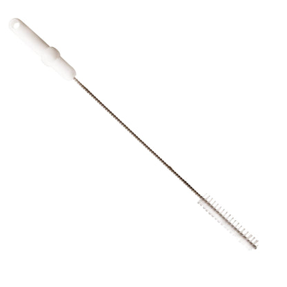 The Haug Bürsten KG pipe brush with V2A stainless steel wire, PP/PBT hard 500 x Ø20 mm in white is ideal for professional pipe cleaning. It features a long stainless steel handle with white bristles depicted on a plain background.