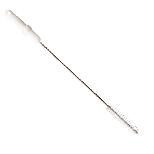 The Haug Bürsten KG pipe brush with V2A stainless steel wire, PP/PBT hard 500 x Ø20 mm in white is ideal for professional pipe cleaning. It features a long stainless steel handle with white bristles depicted on a plain background.